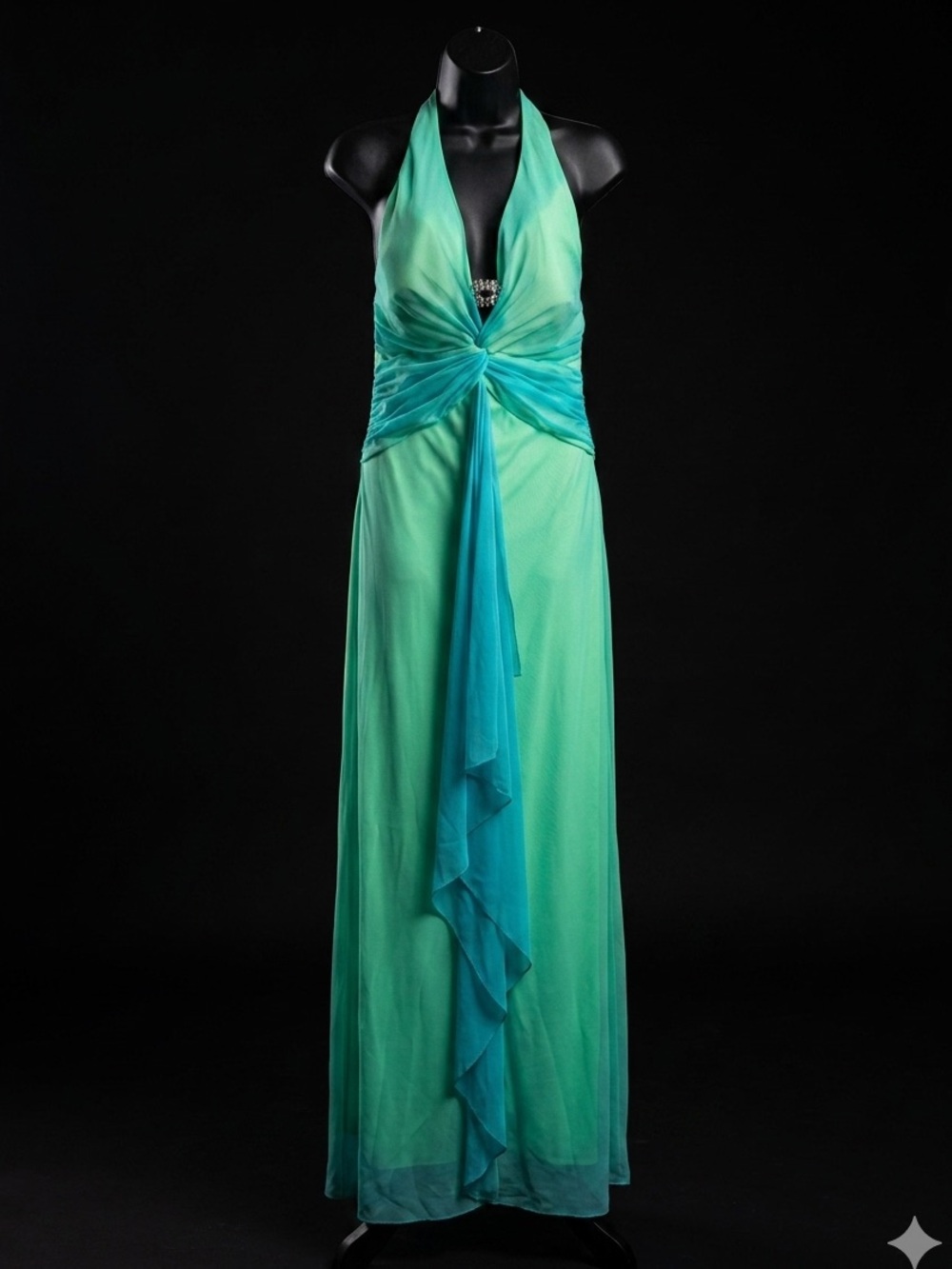 NWT Mary L Couture Y2K Neon Lime Green Blue Halter Mesh Formal Maxi Gown 8